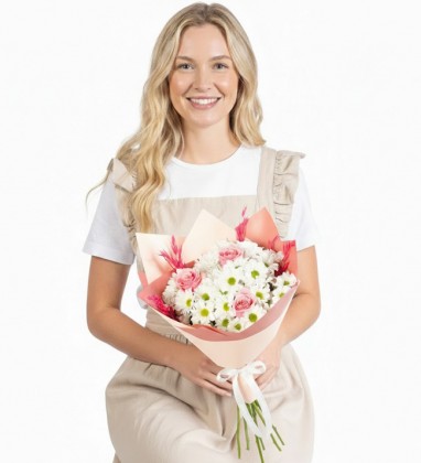 Pembe Gül Papatya Buketi